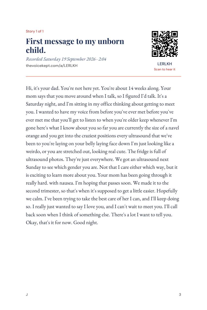 A page from a Vividly book: a story titled First message to my unborn child, its date and length, the transcript beneath, and a square code in the top corner that plays the recording.