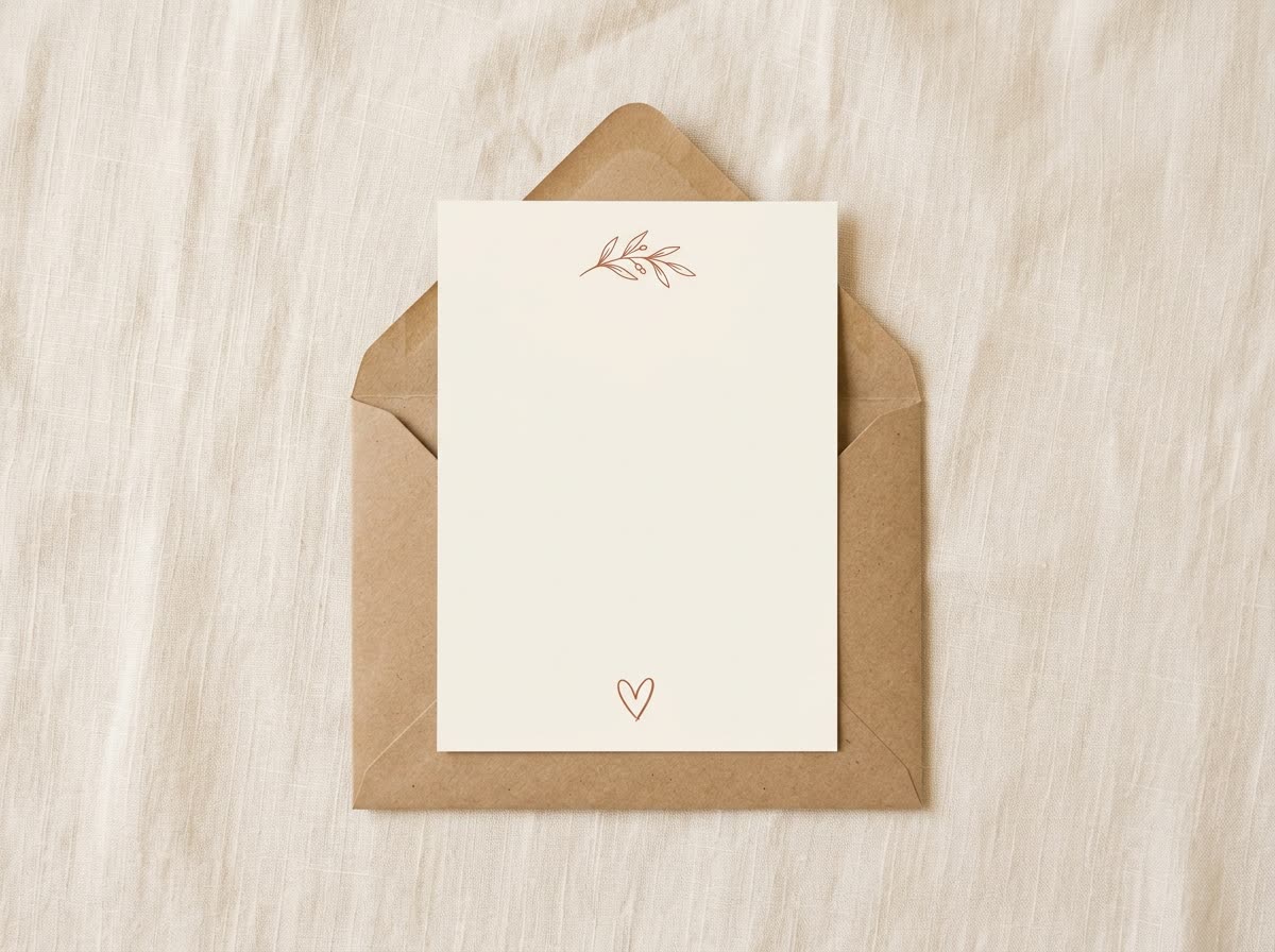 A five by seven cream card lying on a kraft envelope, the phone number and extension printed across the front.