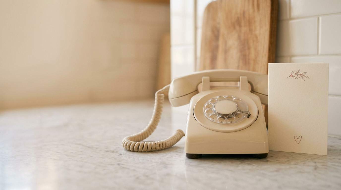 A cream desk telephone on a kitchen counter, beside a handwritten card propped against a jar.