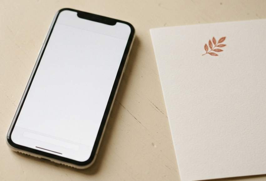 A phone and a blank cream card with a small terracotta sprig, side by side on a painted table by a window.