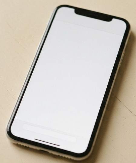 A phone and a blank cream card with a small terracotta sprig, side by side on a painted table by a window.